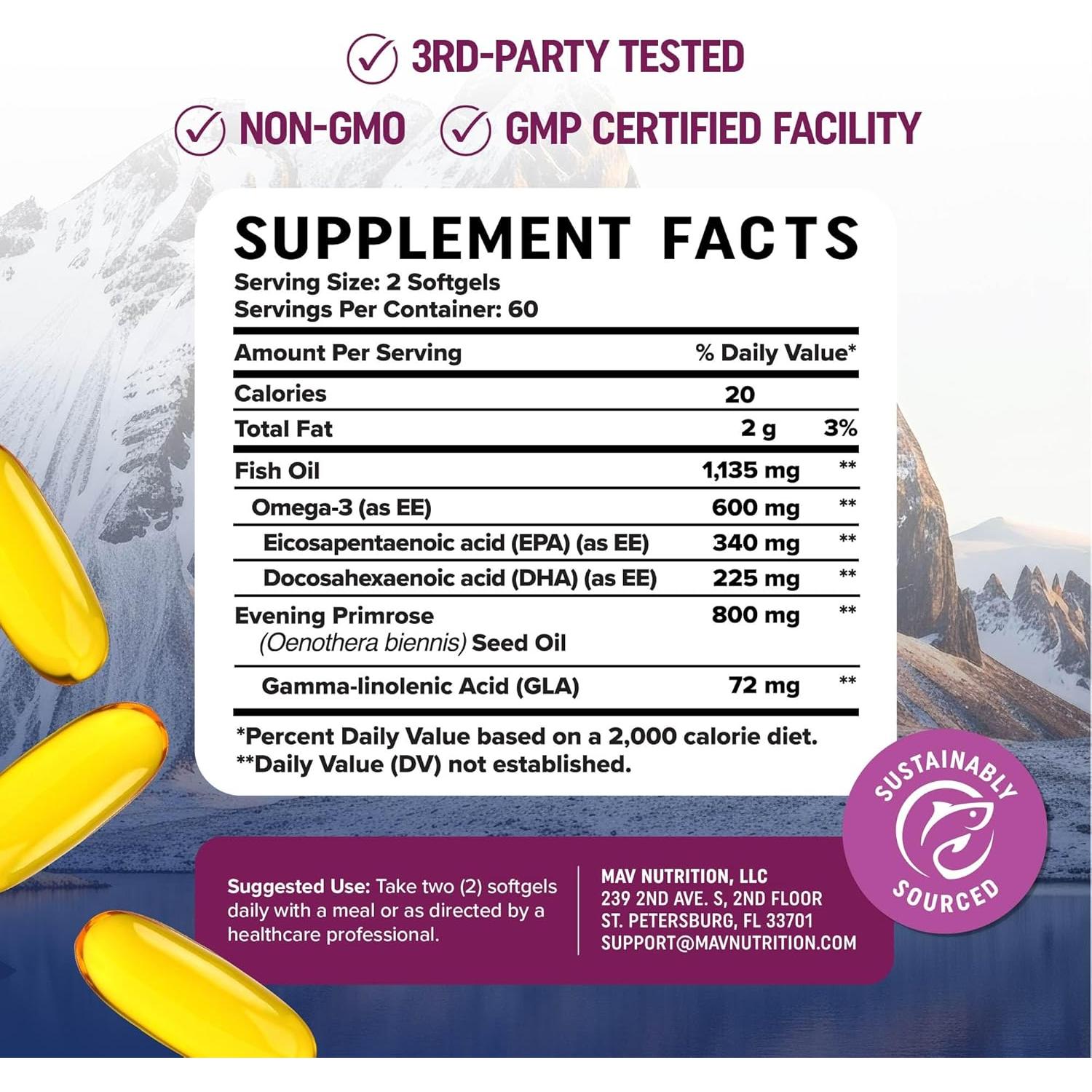 Suplemento Omega 3 para Mujeres MAV Nutrition 600mg + 800mg Onagra