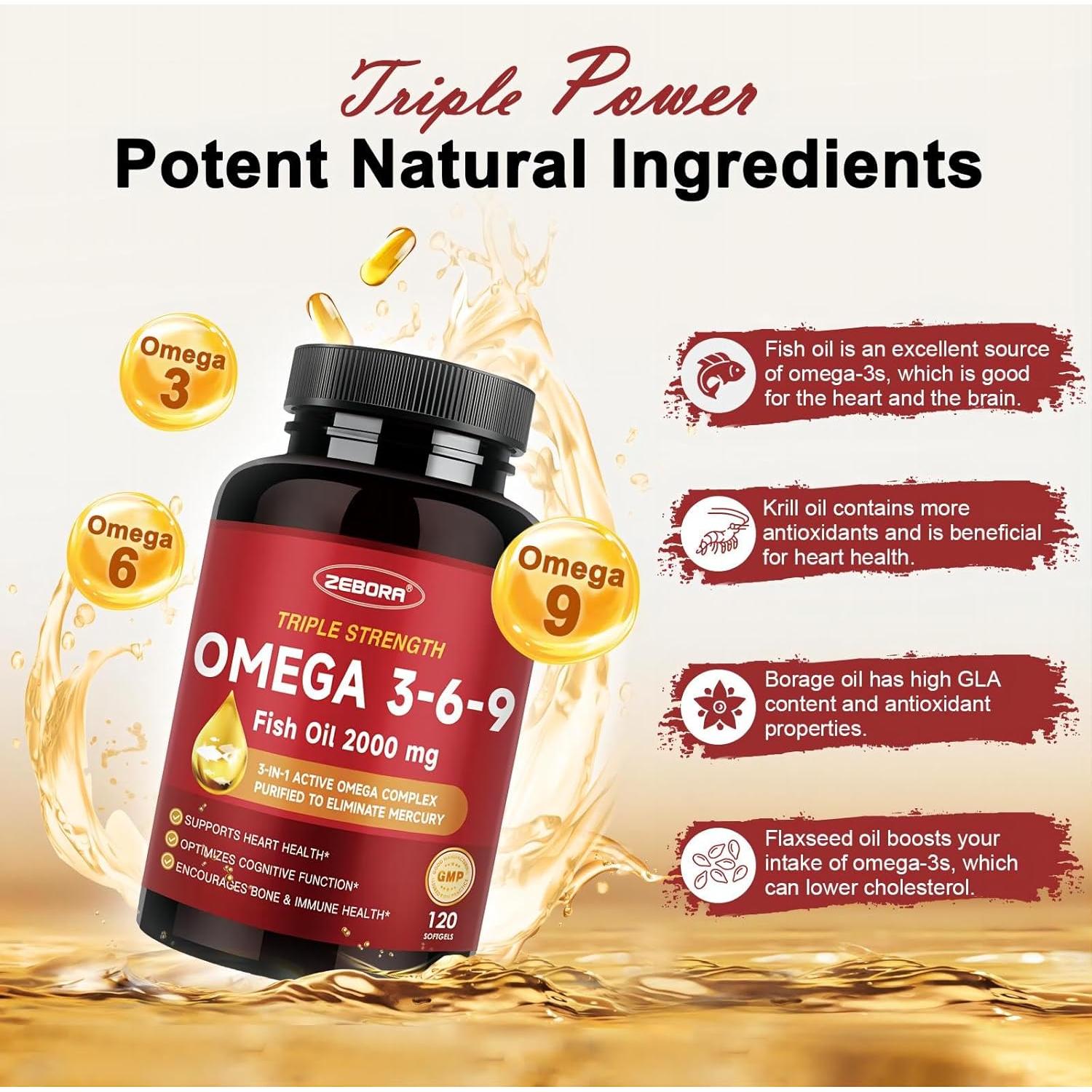 ZEBORA Omega 3-6-9 Aceite de Pescado 2000mg con Vitamina D3