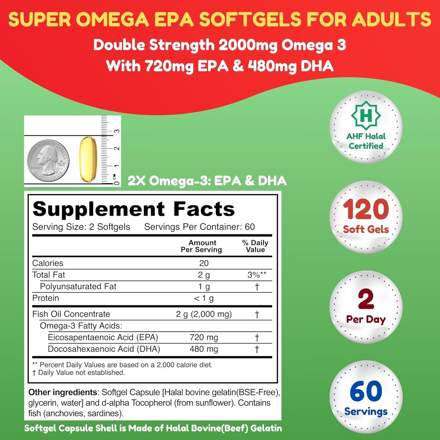 Suplemento de Aceite de Pescado Halal SHIFAA 120 Softgels Omega 3