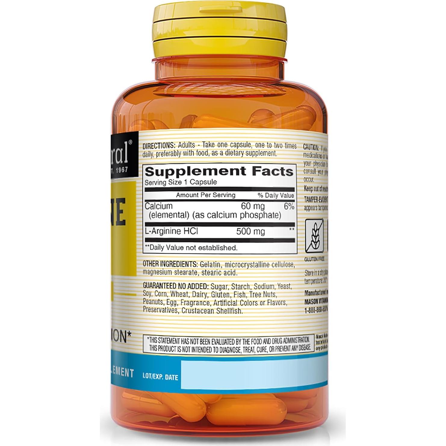 Suplemento L-Arginina 500 mg Mason Natural - 60 Cápsulas