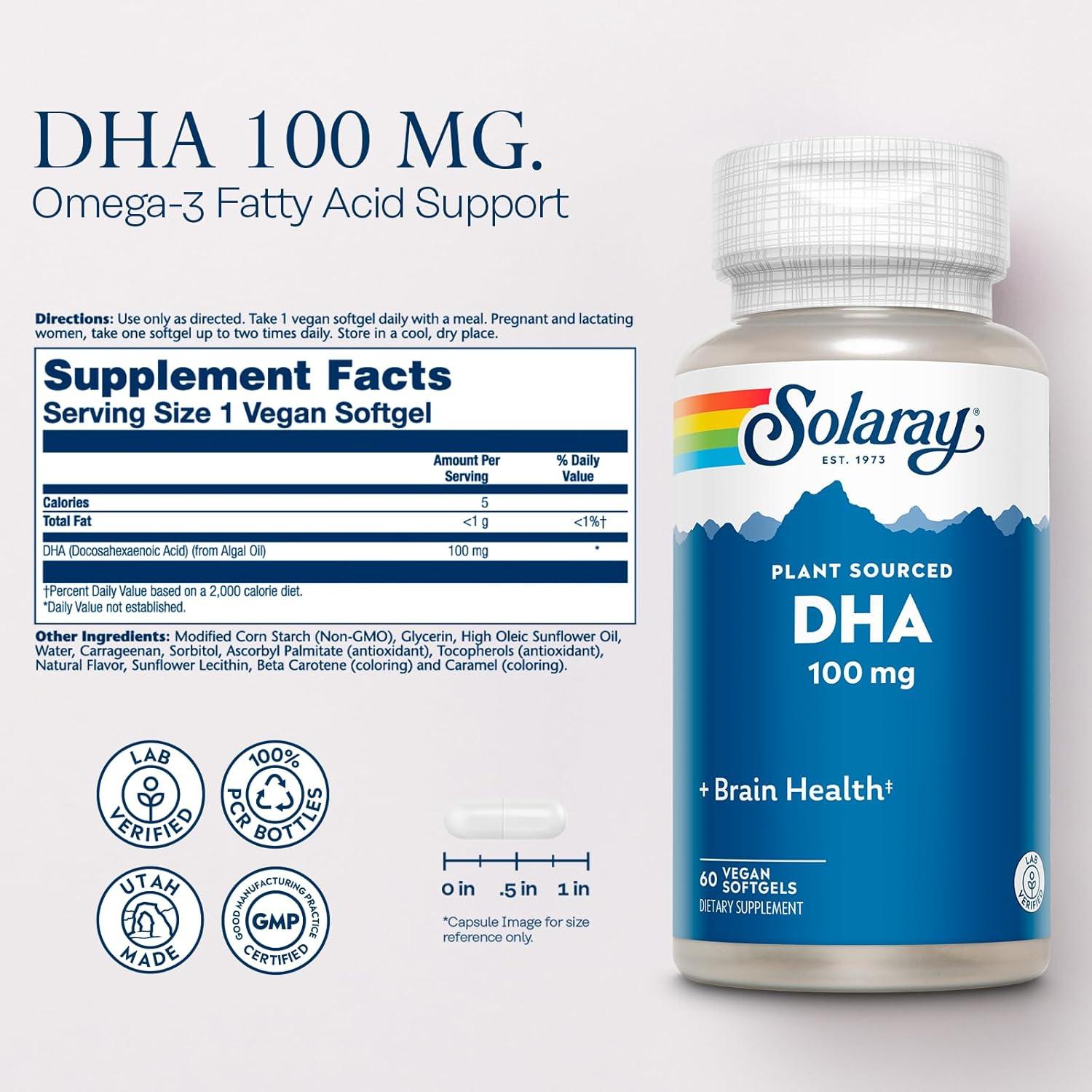 Suplemento DHA Solaray 100 mg - Omega 3 Vegano 60 Cápsulas