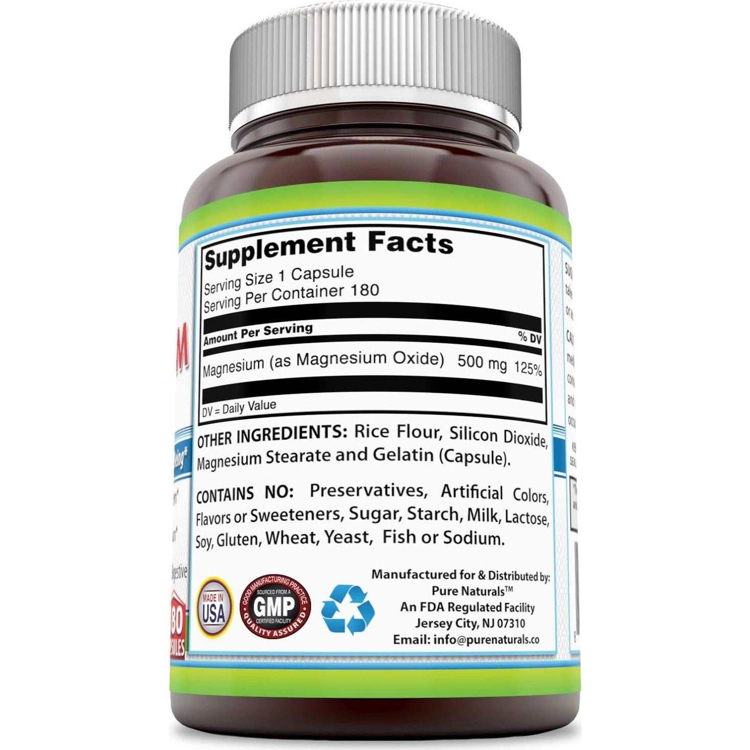 Suplemento Óxido de Magnesio Pure Naturals 500 Mg 180 Cápsulas