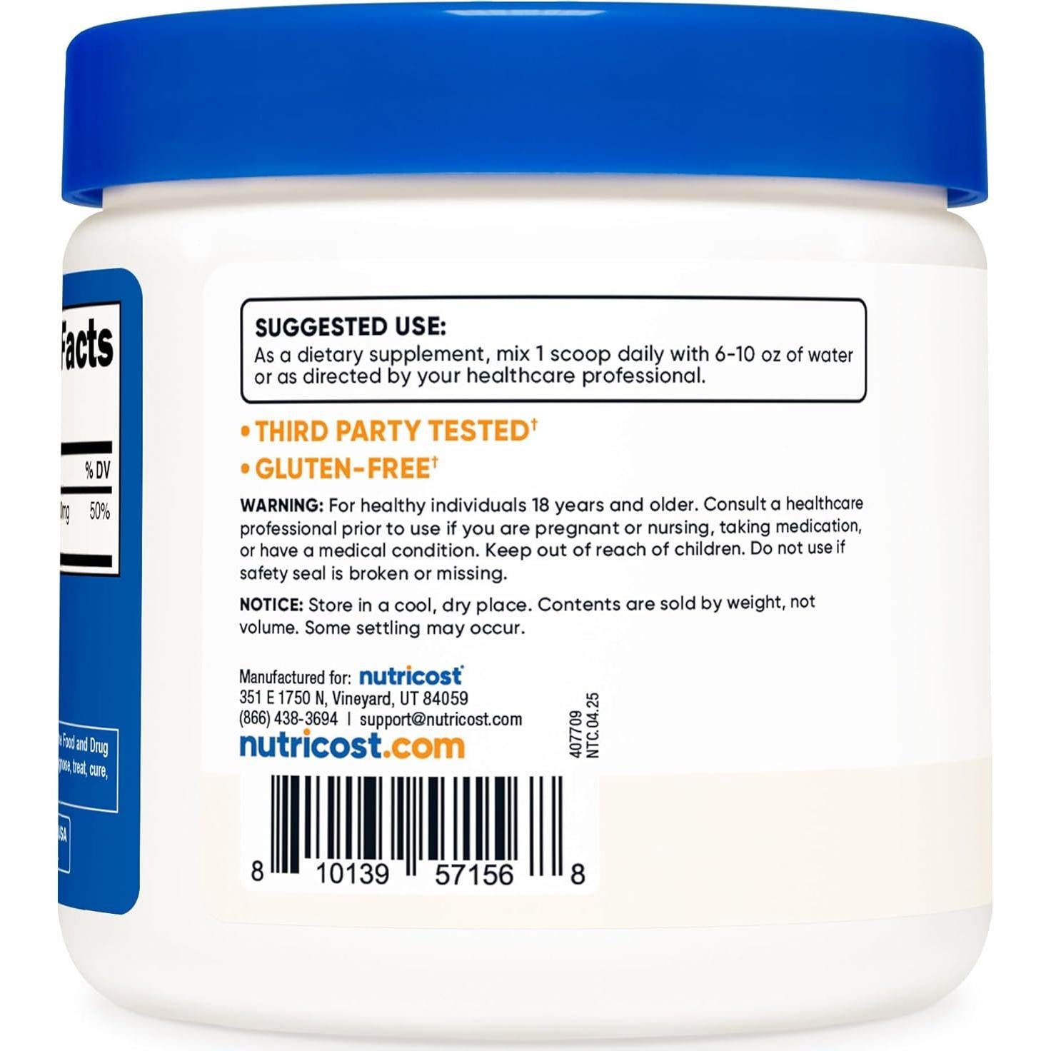 Polvo de Glicinato de Magnesio Nutricost 250g Sin Sabor