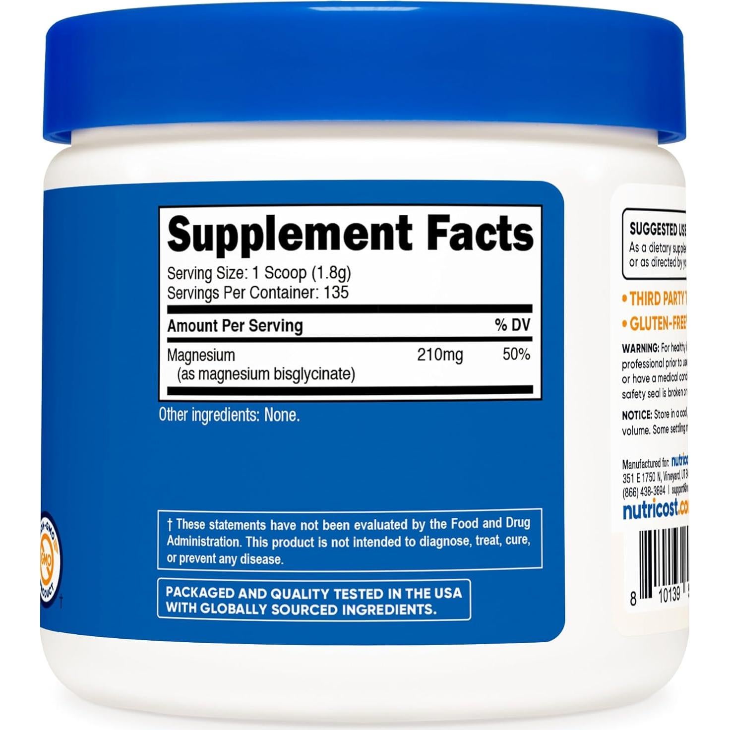 Polvo de Glicinato de Magnesio Nutricost 250g Sin Sabor