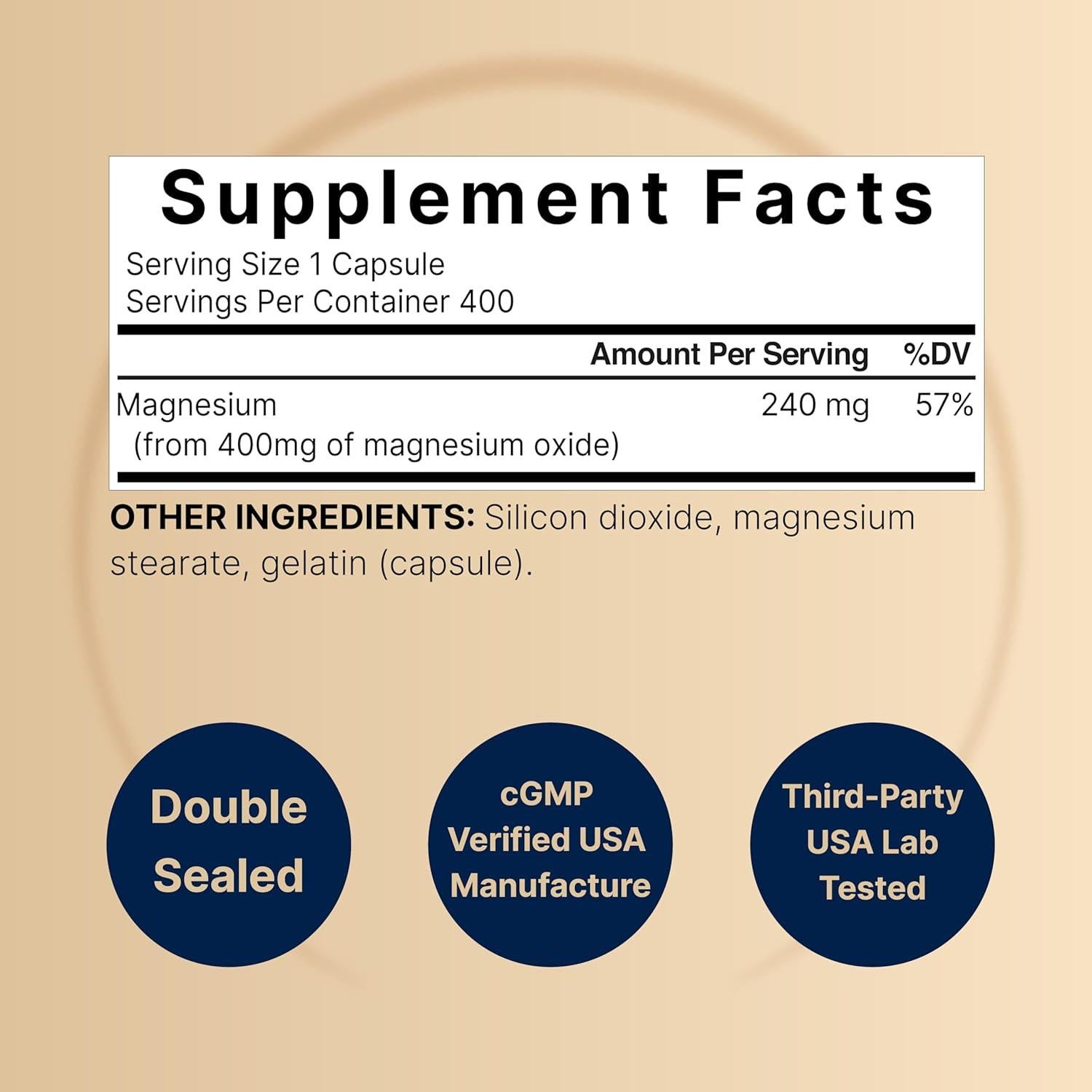 Óxido de Magnesio 400mg Naturebell - 400 Cápsulas Alta Pureza