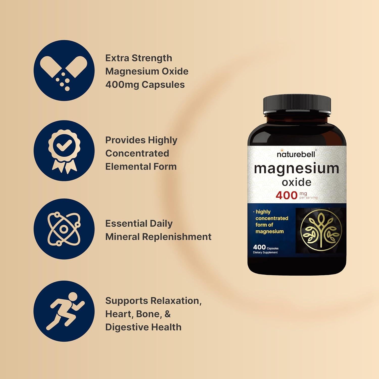 Óxido de Magnesio 400mg Naturebell - 400 Cápsulas Alta Pureza
