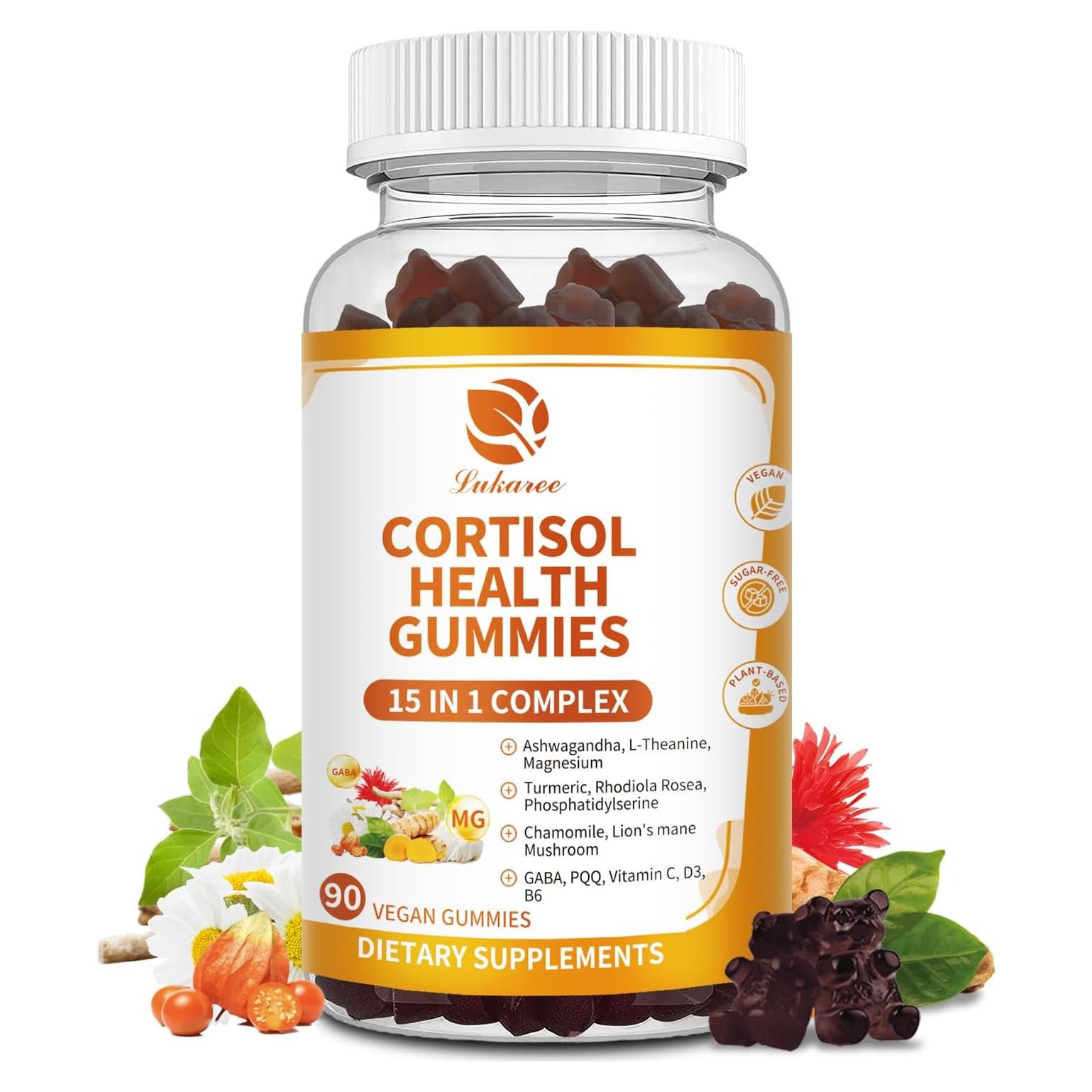 Cortisol Supplements for Women & Men, 15-in-1 Calm Cortisol Gummies with Ashwagandha, Magnesium, L-theanine, GABA, Phosphatidylserine, Vitamin C, D3, B6 for Mood, Sleep, Focus Support - Vegan, 90CT
