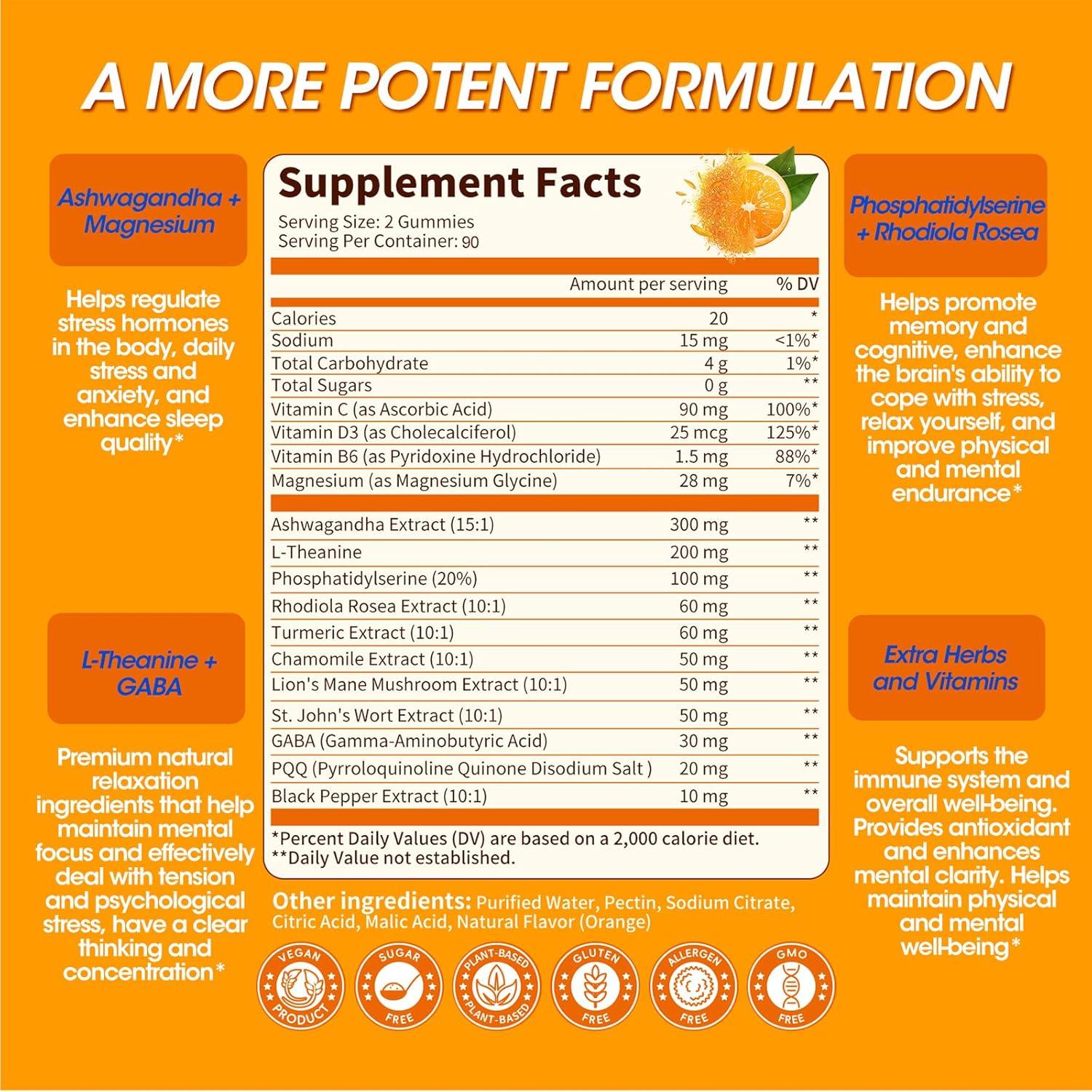 Cortisol Supplements for Women & Men, 15-in-1 Calm Cortisol Gummies with Ashwagandha, Magnesium, L-theanine, GABA, Phosphatidylserine, Vitamin C, D3, B6 for Mood, Sleep, Focus Support - Vegan, 90CT