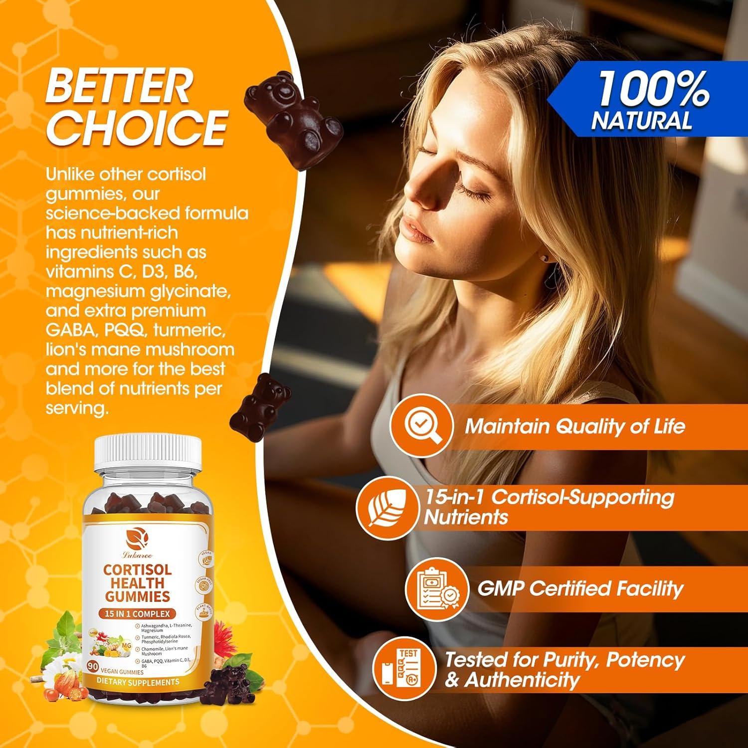 Cortisol Supplements for Women & Men, 15-in-1 Calm Cortisol Gummies with Ashwagandha, Magnesium, L-theanine, GABA, Phosphatidylserine, Vitamin C, D3, B6 for Mood, Sleep, Focus Support - Vegan, 90CT