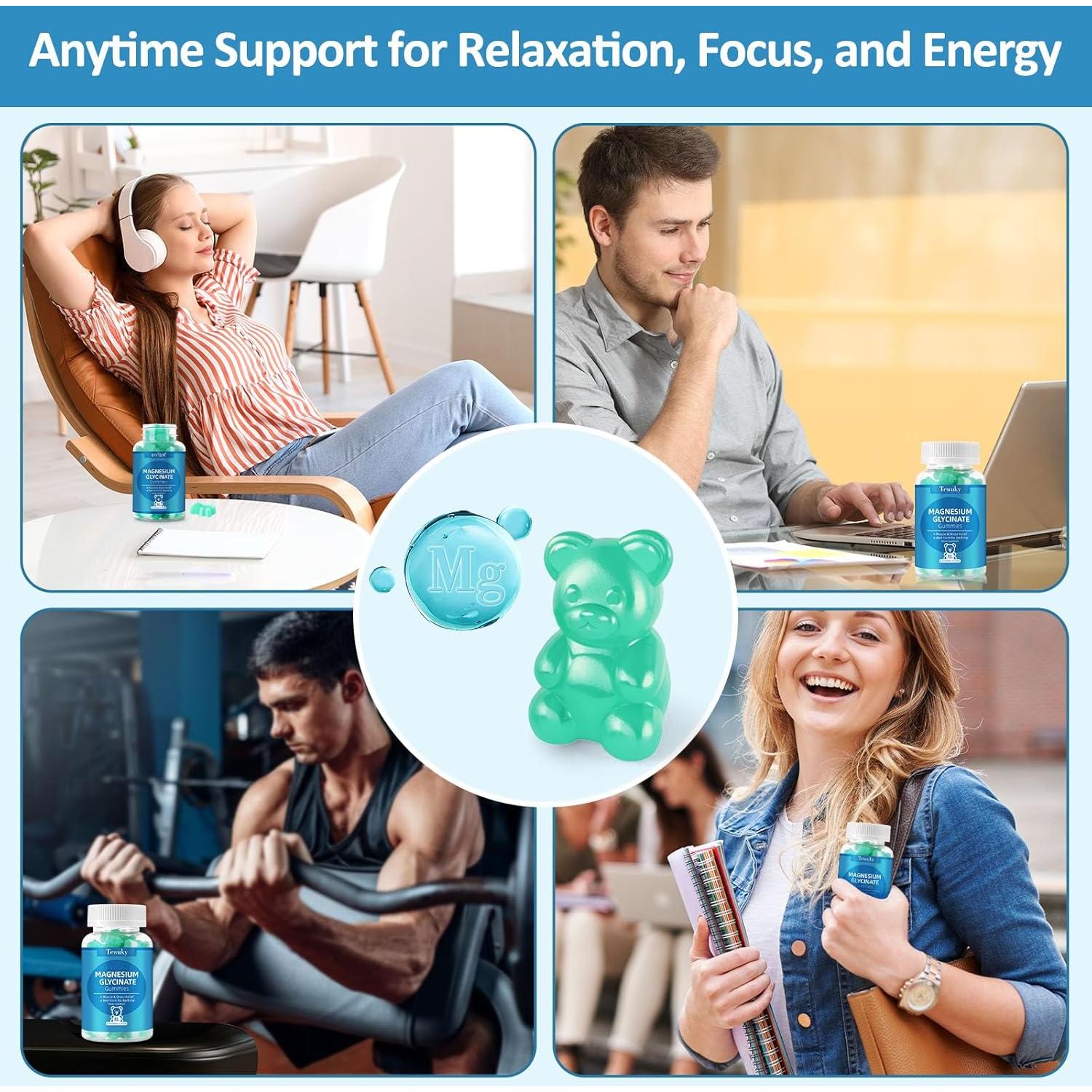 Gomitas de Glicinato de Magnesio 500mg Tewuky, Sin Azúcar, 60 Unidades