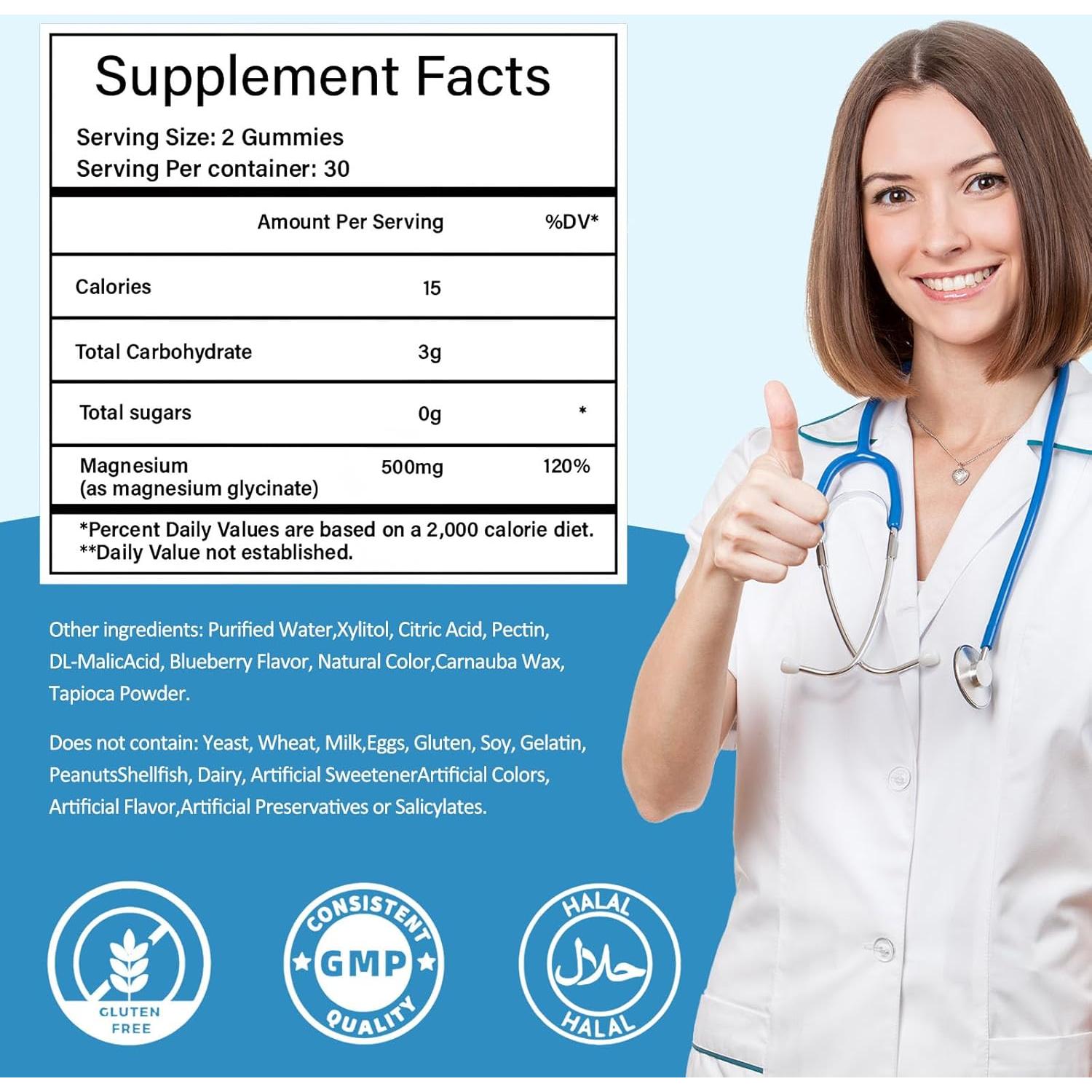 Gomitas de Glicinato de Magnesio 500mg Tewuky, Sin Azúcar, 60 Unidades