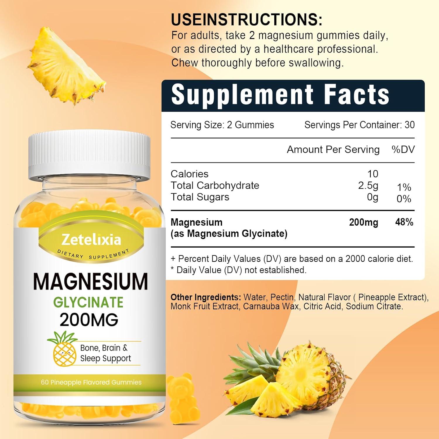 Gomas de Magnesio Glicinato Zetelixia 200mg Sabor Piña 60 Unidades