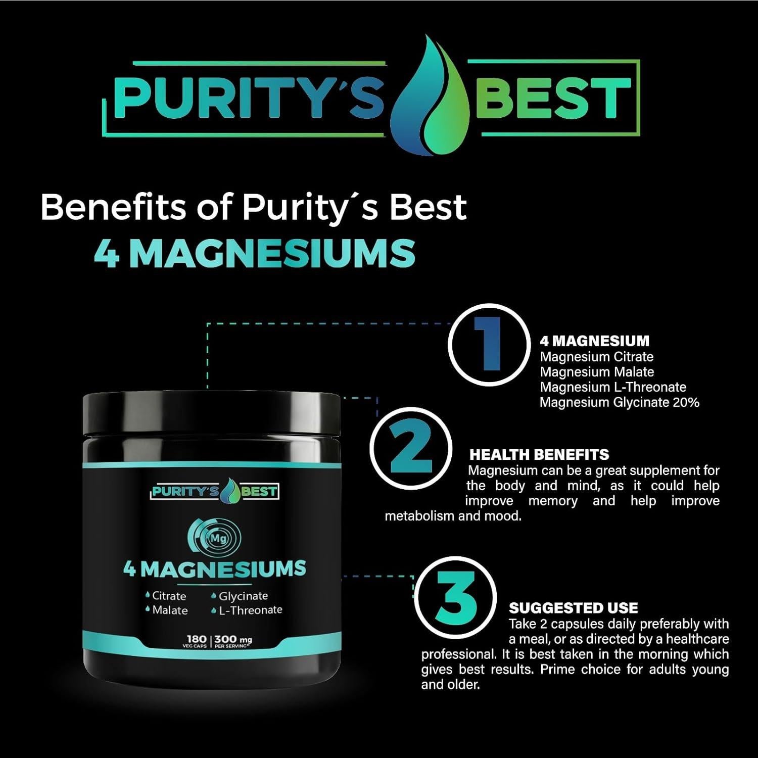4 Magnesios Purity 300mg - Glicinato, Malato, L-Treonato, Citrato