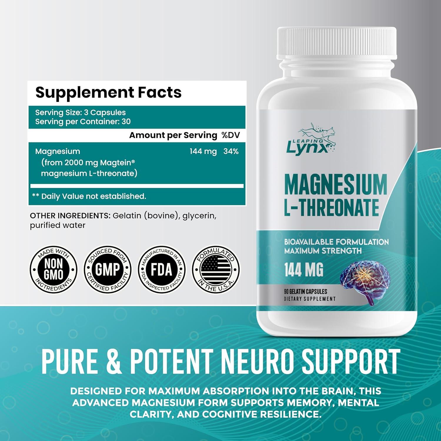 Magnesio L-Treonato Orgánico Puro 2000 mg Leaping Lynx - 90 Cápsulas