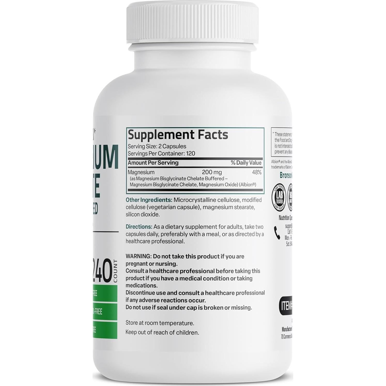 Glicinato de Magnesio Bronson 200 MG 240 Cápsulas Vegetarianas