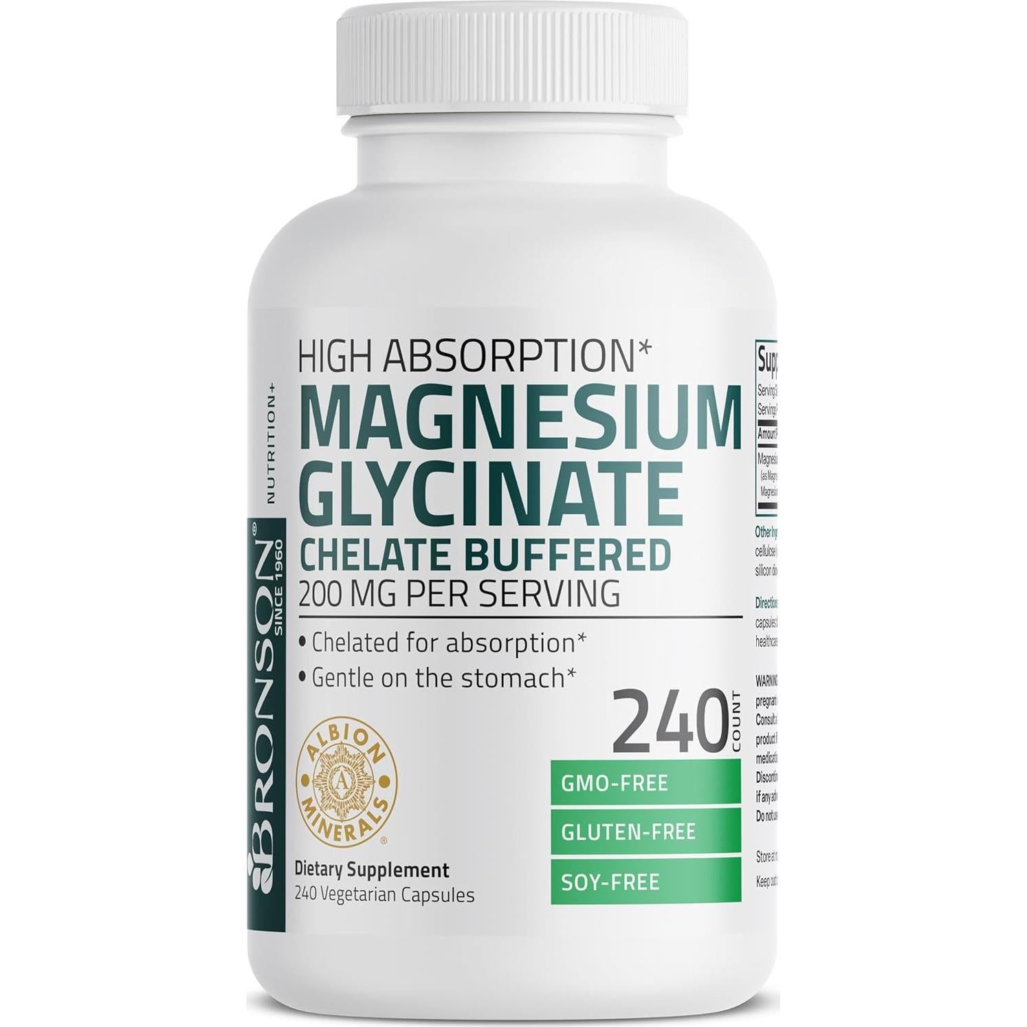 Glicinato de Magnesio Bronson 200 MG 240 Cápsulas Vegetarianas