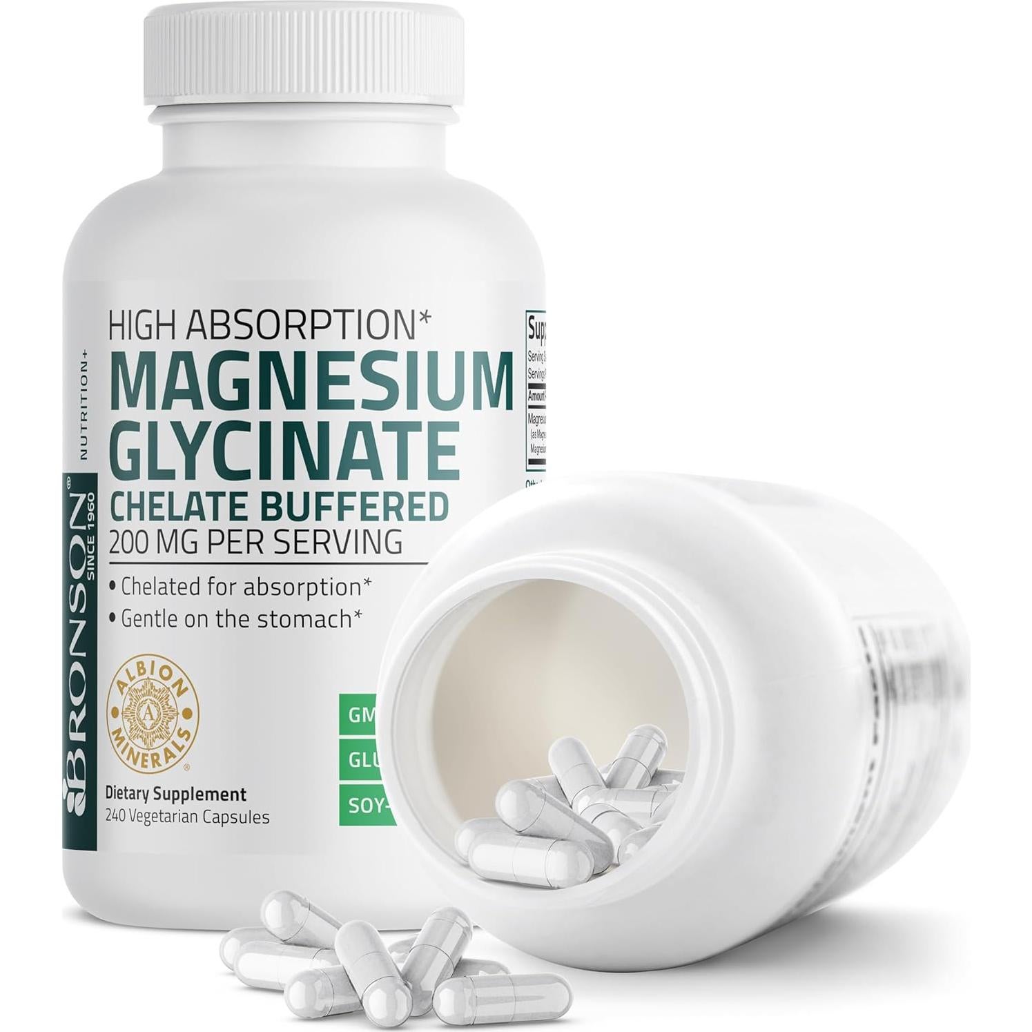 Glicinato de Magnesio Bronson 200 MG 240 Cápsulas Vegetarianas