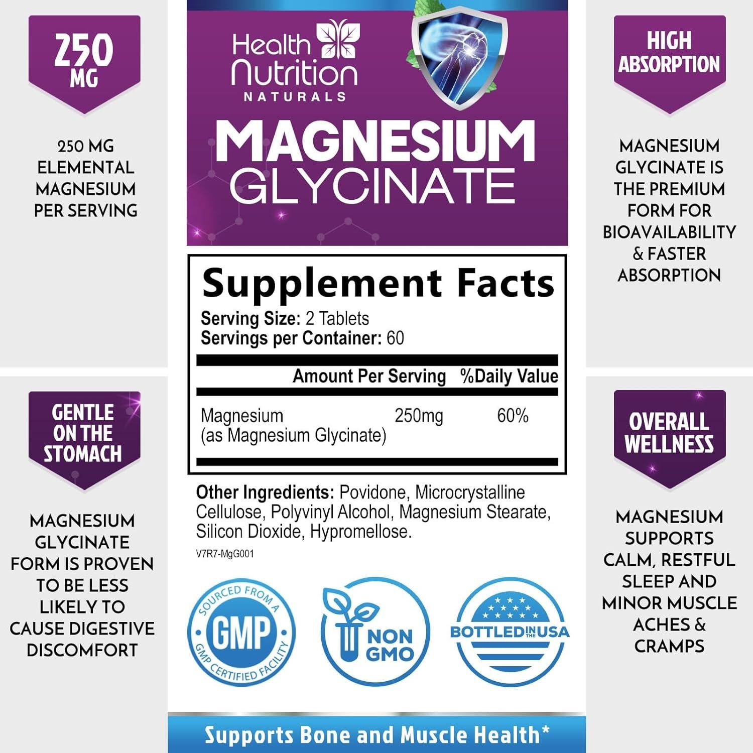Glicinato de Magnesio 250mg Health Nutrition Naturals - 120 Tabletas