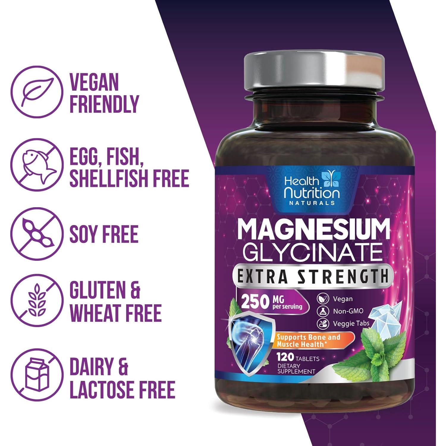 Glicinato de Magnesio 250mg Health Nutrition Naturals - 120 Tabletas