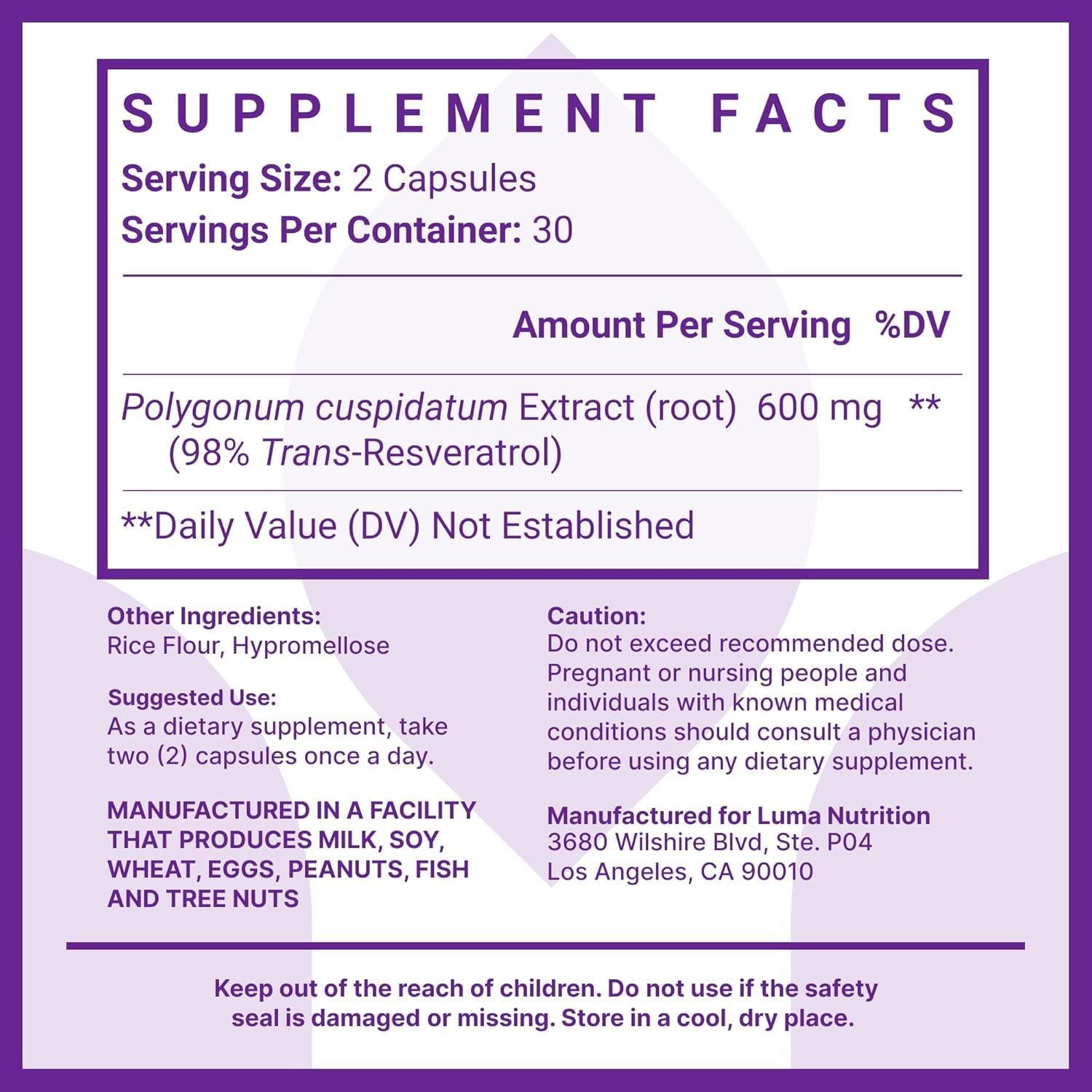 Suplemento de Resveratrol Luma Nutrition 600mg - 98% Pureza - 60 Cápsulas Veganas