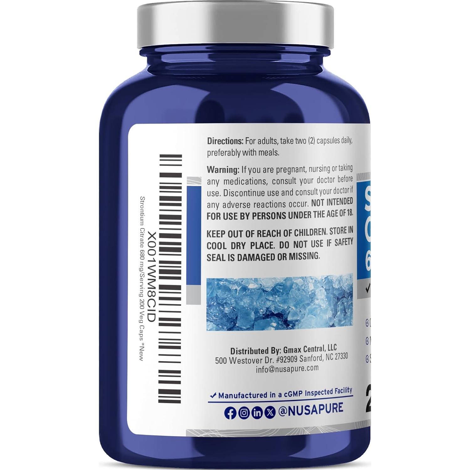 Suplemento de Estroncio NusaPure 680 mg 200 Cápsulas Veganas
