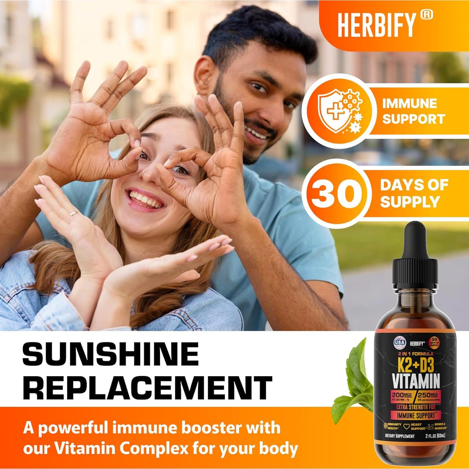 Gotas de Vitamina D3 K2 Herbify 59 ml - Suplemento Óseo