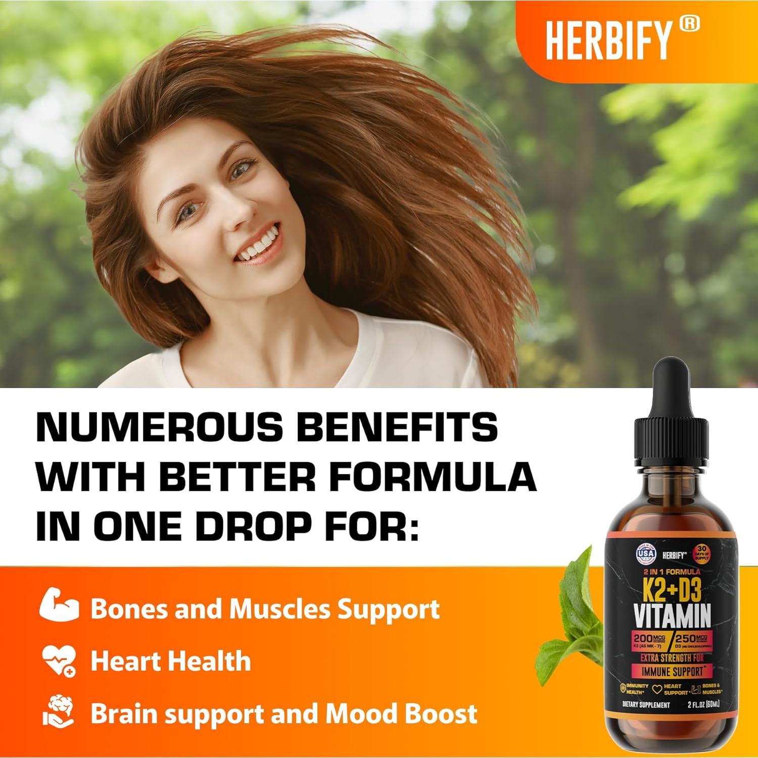 Gotas de Vitamina D3 K2 Herbify 59 ml - Suplemento Óseo