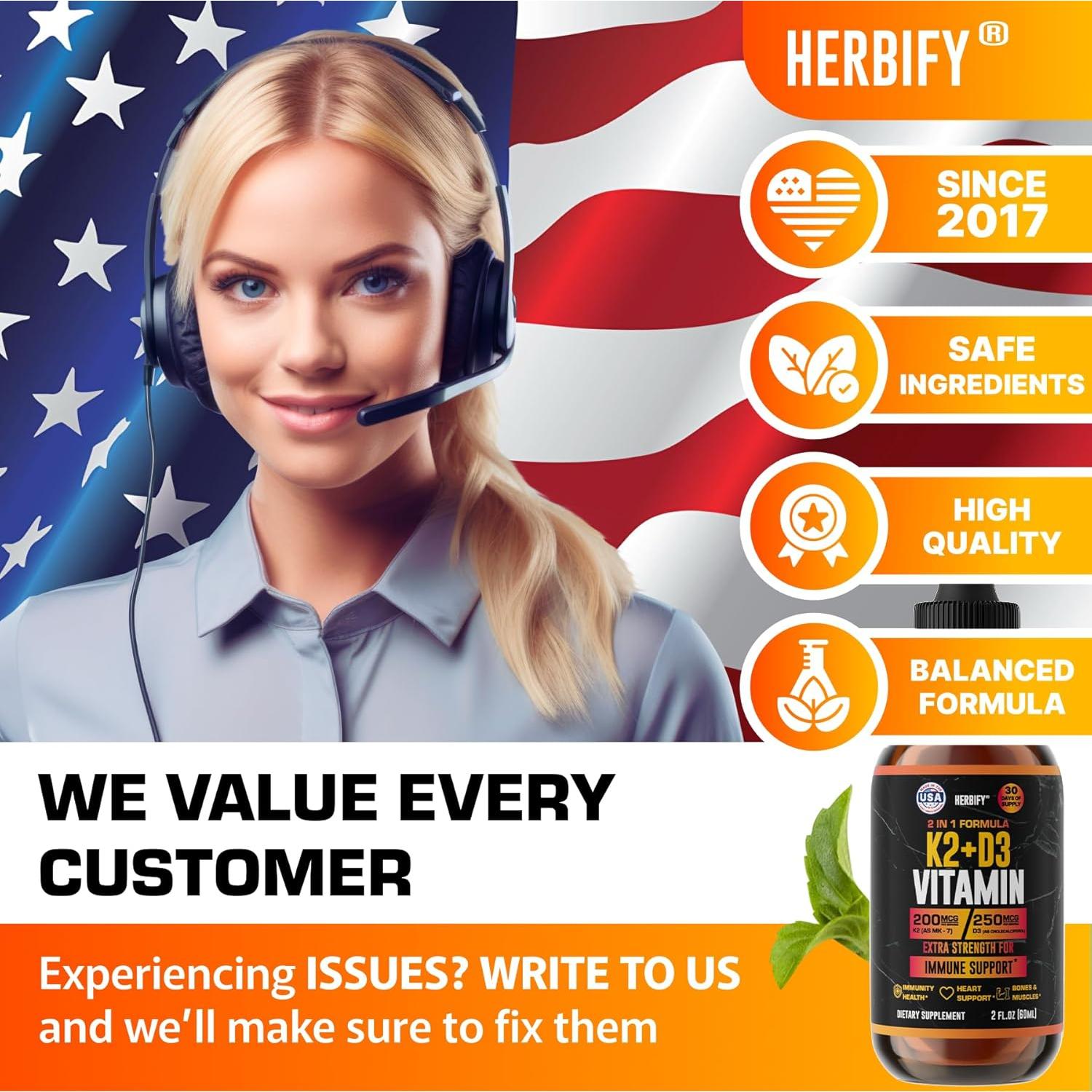 Gotas de Vitamina D3 K2 Herbify 59 ml - Suplemento Óseo