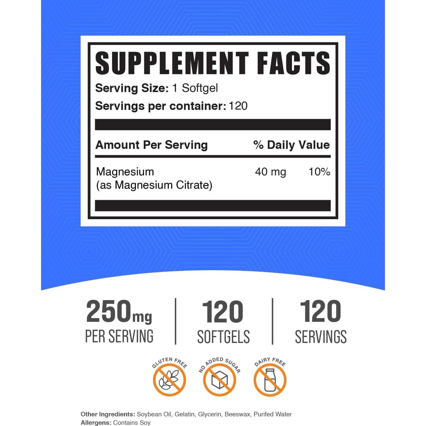 Citrato de Magnesio Softgels BulkSupplements 120 Cápsulas 40mg