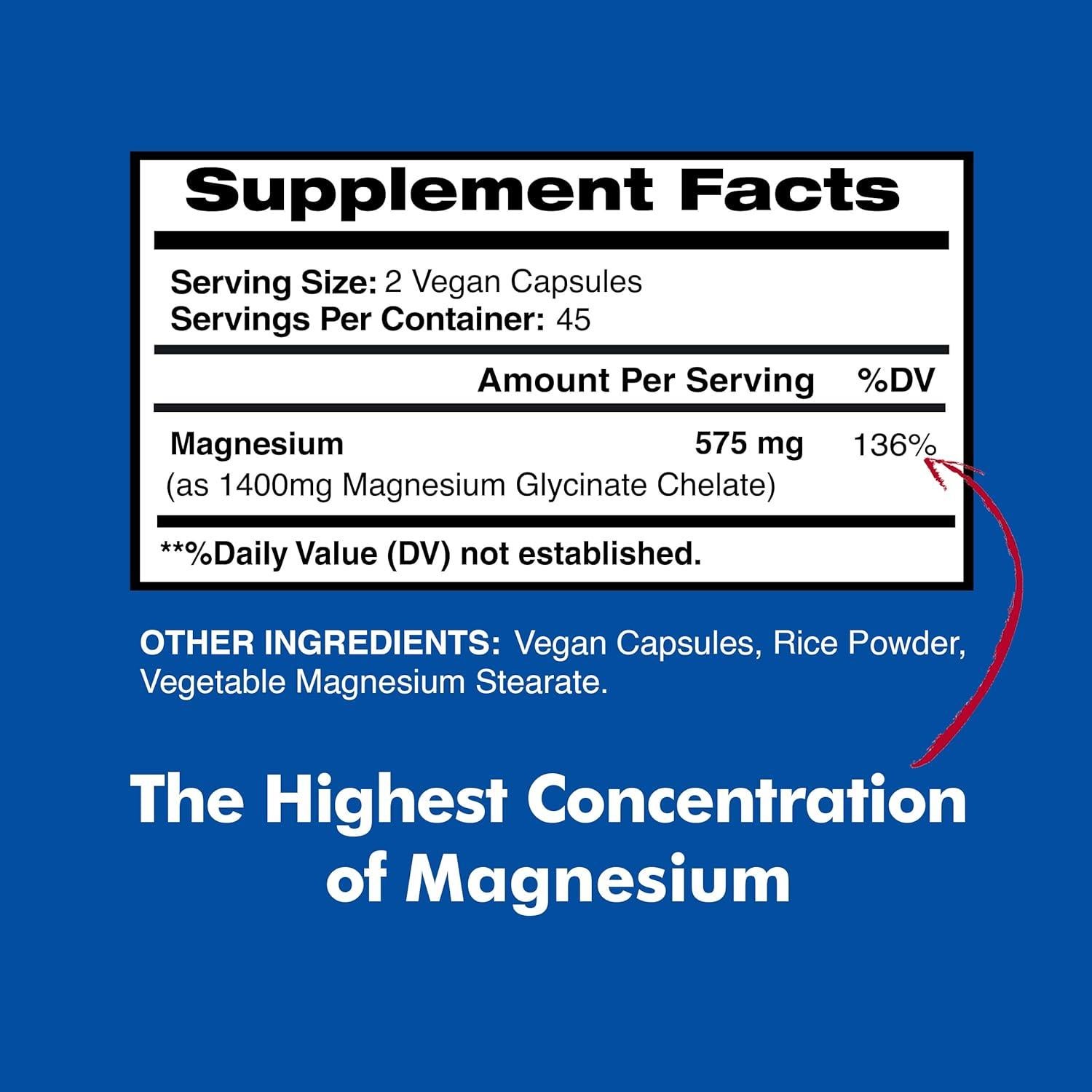 Magnesium Glycinate 575mg per Serving, 90 Veggie Capsules, Magnesium Supplement for Bone & Muscle Health, Chelated for Maximum Absorption