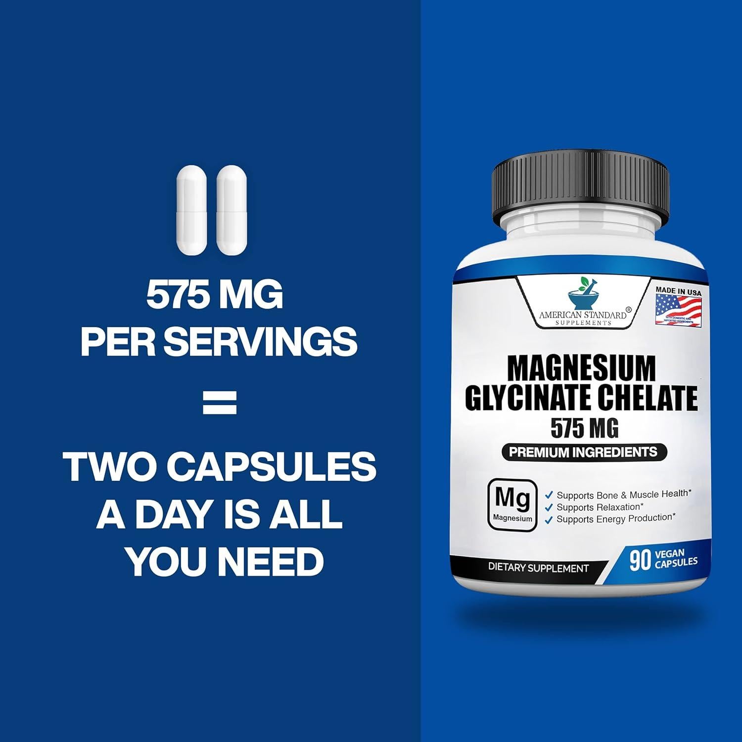 Magnesium Glycinate 575mg per Serving, 90 Veggie Capsules, Magnesium Supplement for Bone & Muscle Health, Chelated for Maximum Absorption