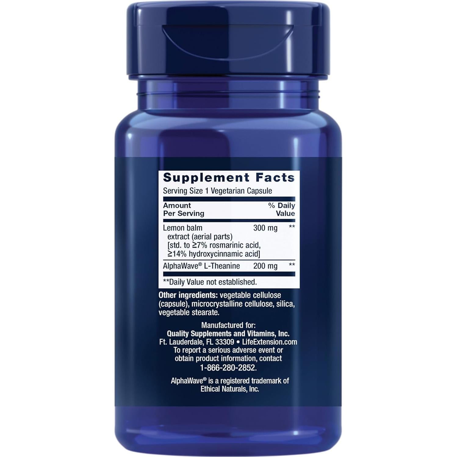 Suplemento Antiestrés Life Extension con Melisa y L-teanina, 30 Cápsulas