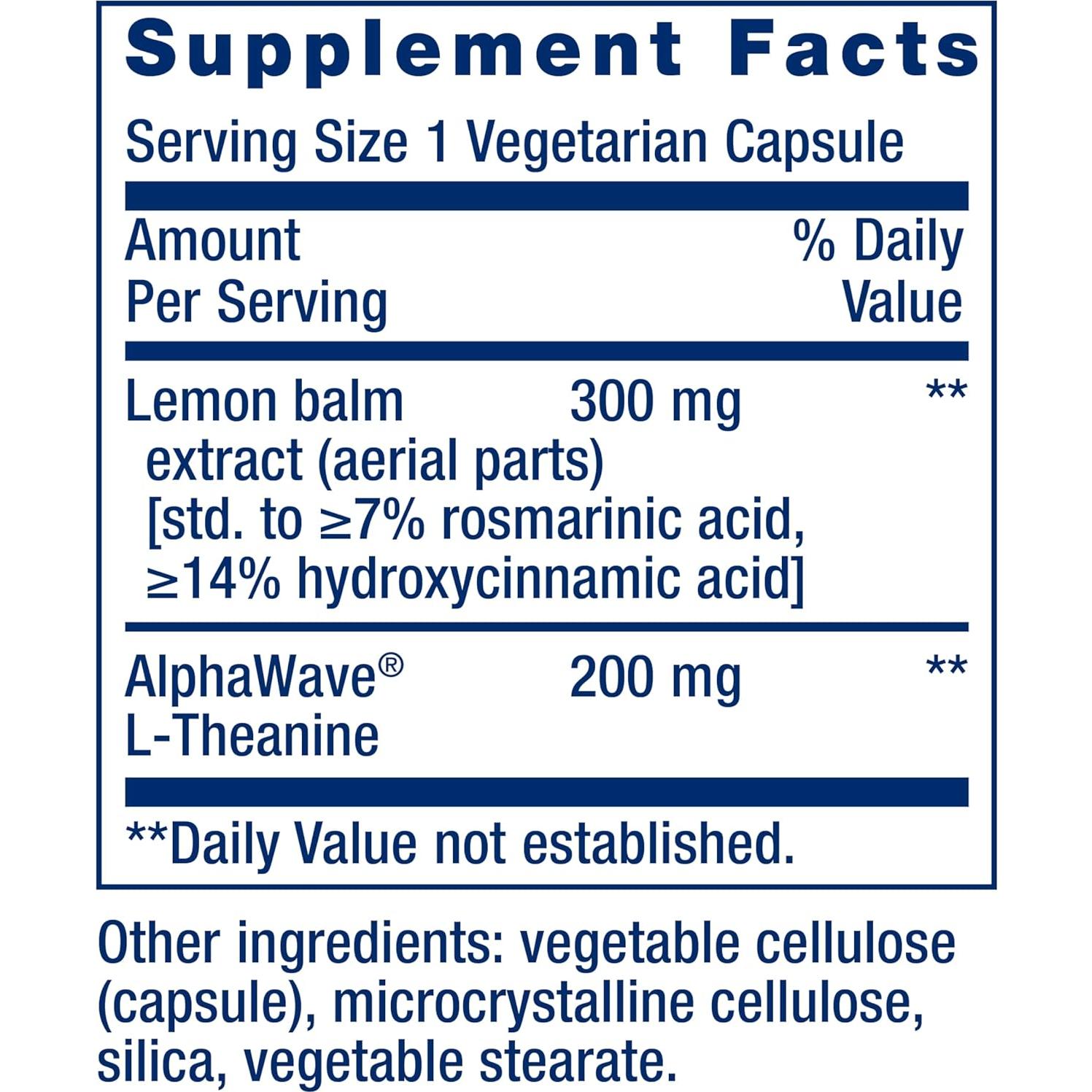 Suplemento Antiestrés Life Extension con Melisa y L-teanina, 30 Cápsulas