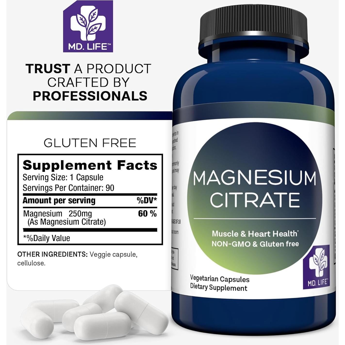 Citrato de Magnesio 250 mg MD.Life - 90 Cápsulas Fáciles de Tragar