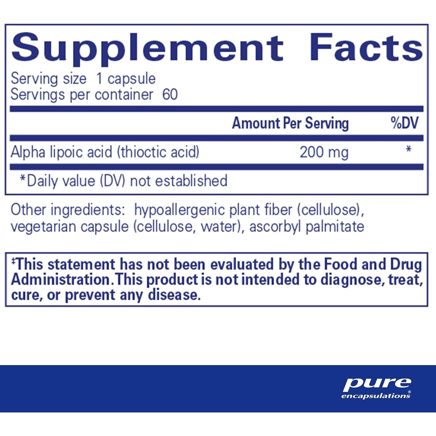 Ácido Alfa Lipoico 200 mg Pure Encapsulations - 60 Cápsulas Veganas