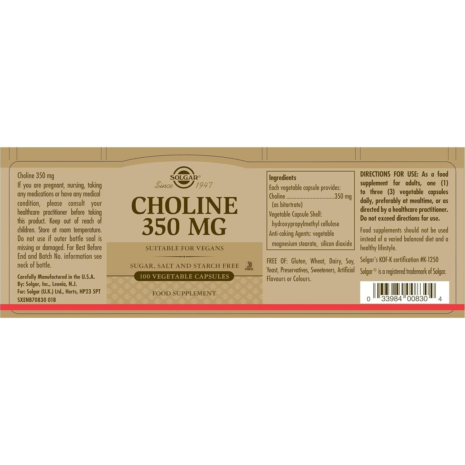 Suplemento de Colina Solgar 350 mg - 100 Cápsulas Veganas