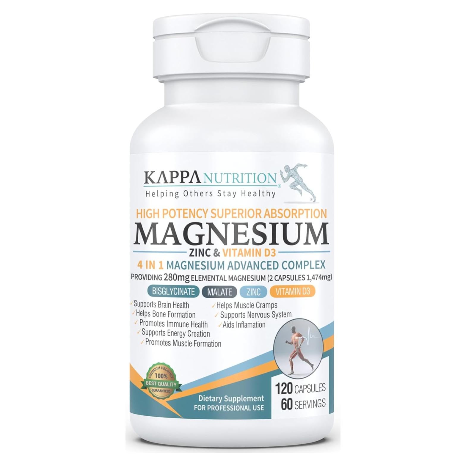 Kappa Nutrition Magnesio 4-en-1 280mg + Zinc y Vitamina D3 120 Cápsulas Veganas