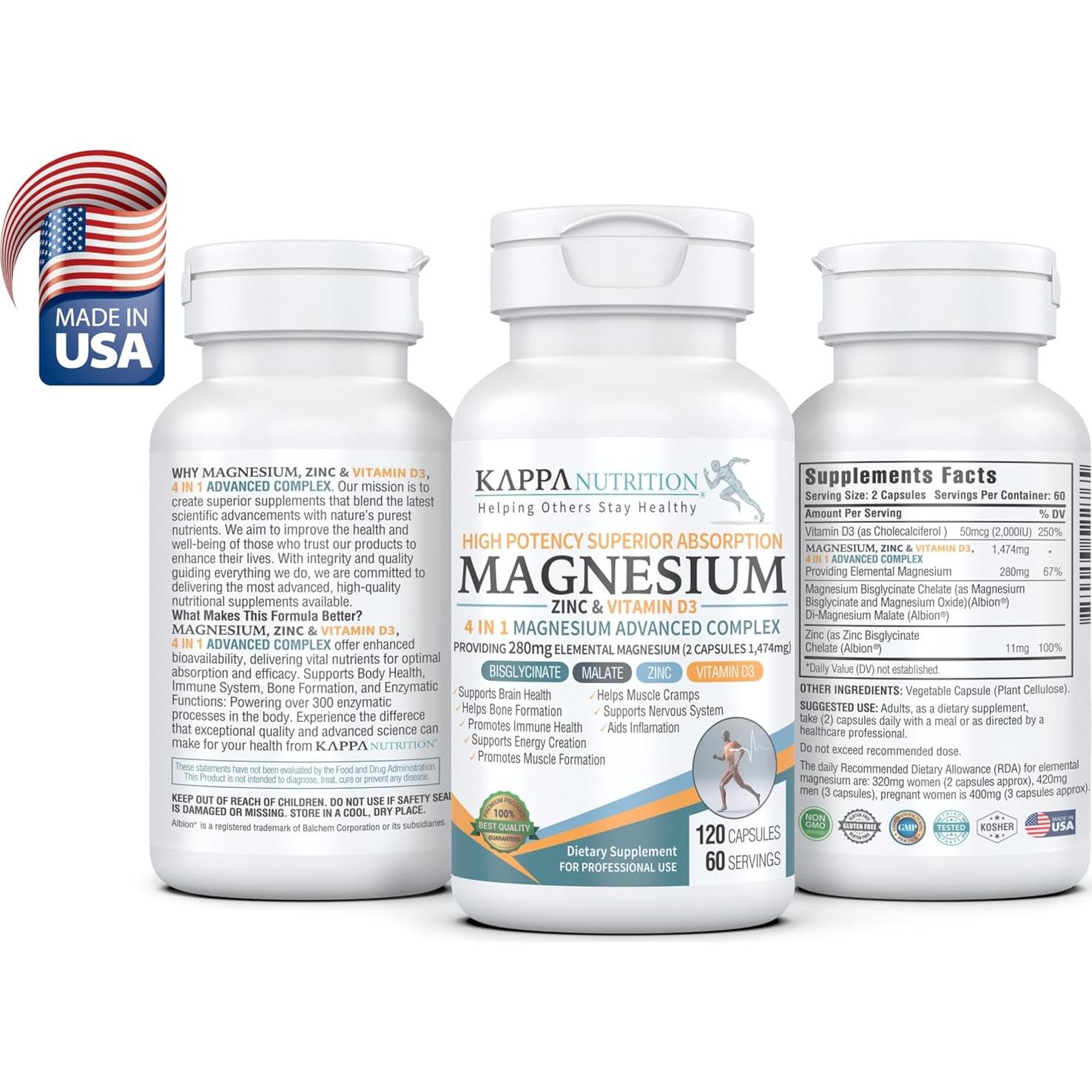 Kappa Nutrition Magnesio 4-en-1 280mg + Zinc y Vitamina D3 120 Cápsulas Veganas