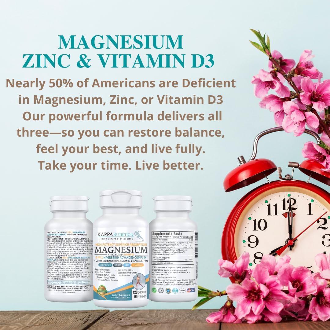 Kappa Nutrition Magnesio 4-en-1 280mg + Zinc y Vitamina D3 120 Cápsulas Veganas