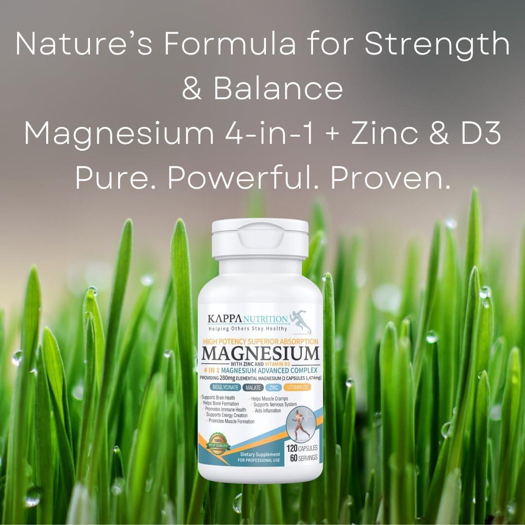 Kappa Nutrition Magnesio 4-en-1 280mg + Zinc y Vitamina D3 120 Cápsulas Veganas