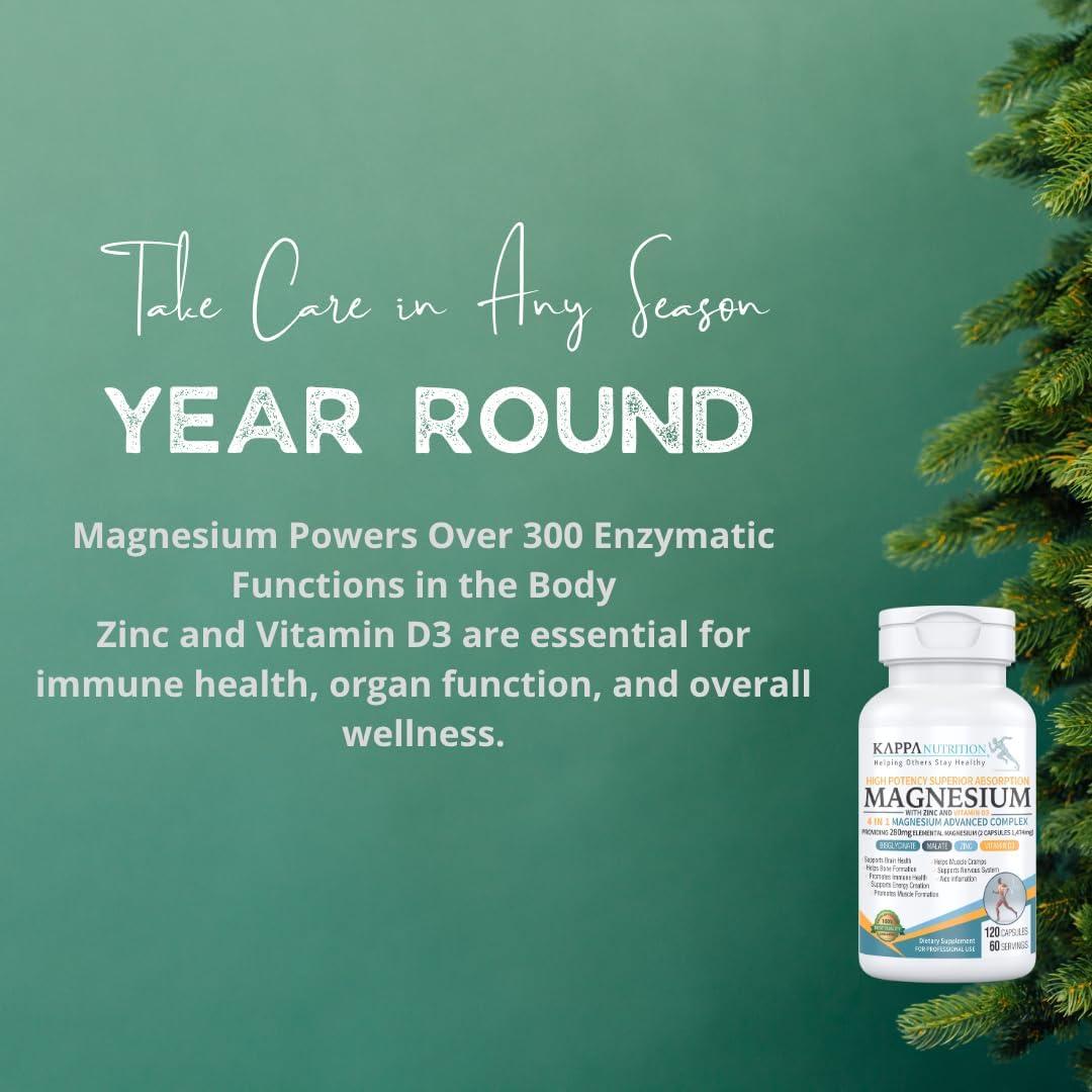 Kappa Nutrition Magnesio 4-en-1 280mg + Zinc y Vitamina D3 120 Cápsulas Veganas