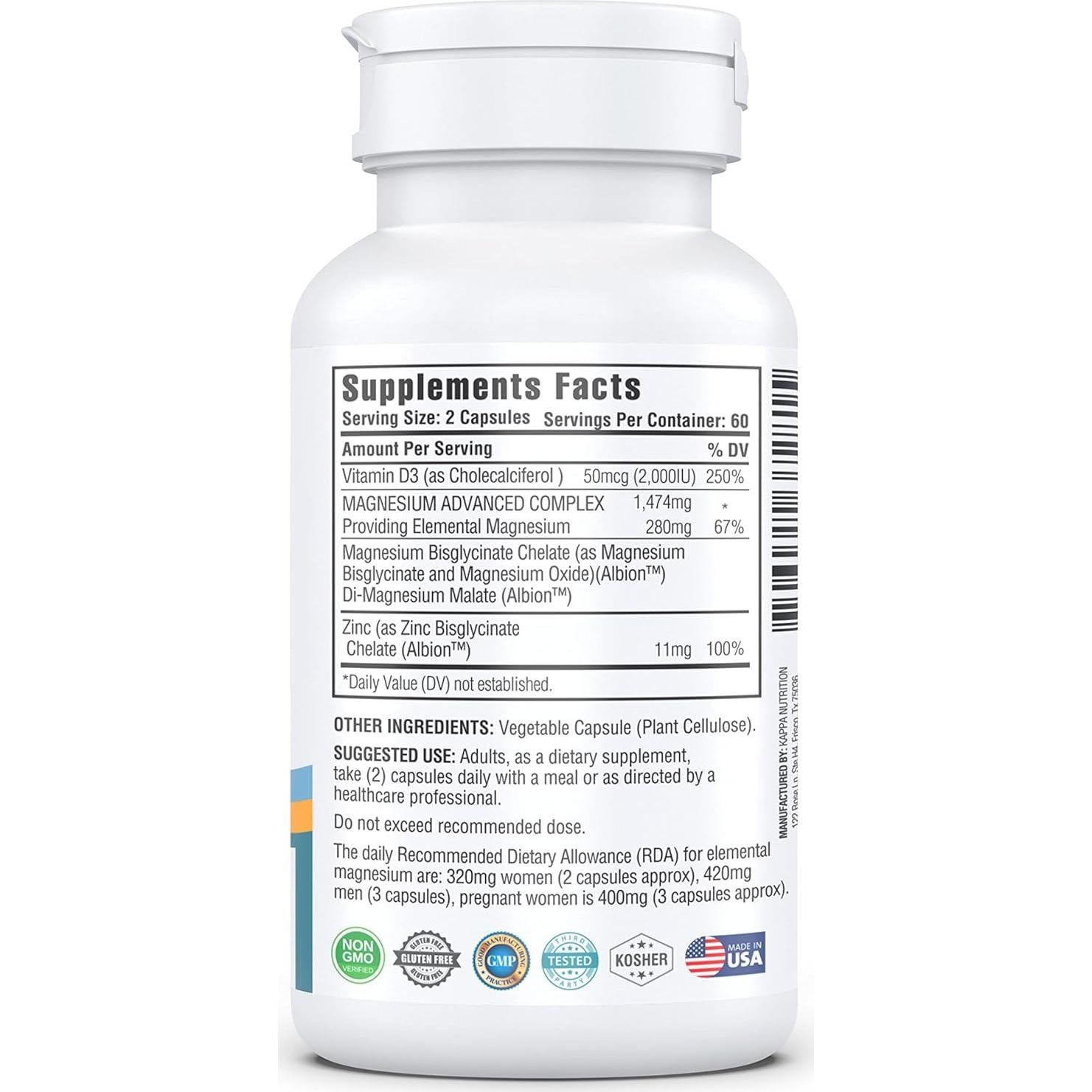 Kappa Nutrition Magnesio 4-en-1 280mg + Zinc y Vitamina D3 120 Cápsulas Veganas