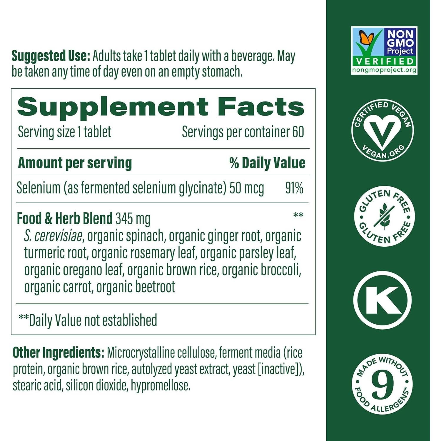 Suplemento de Selenio MegaFood 50 mcg - 60 Tabletas Veganas