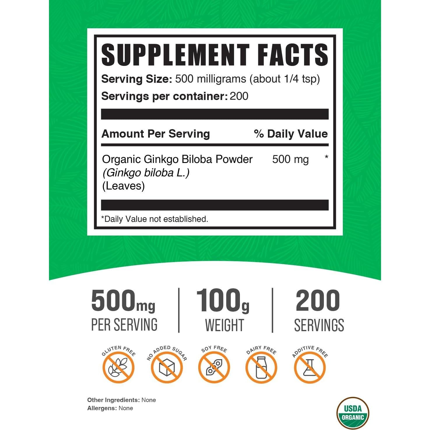 Polvo Orgánico de Ginkgo Biloba BulkSupplements 100g Vegano