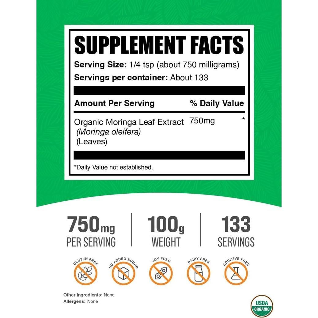 Extracto de Moringa Orgánico en Polvo BulkSupplements 100g