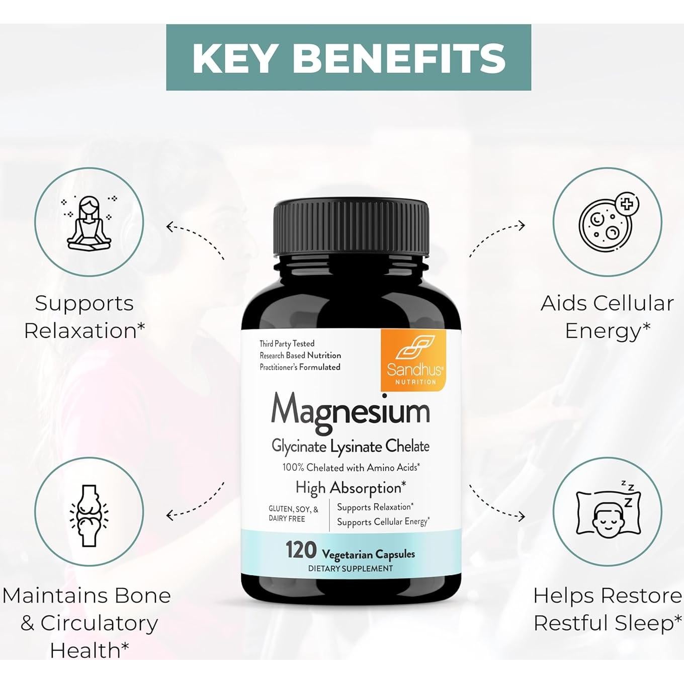 Glicinato de Magnesio Lisina Sandhu 120 Cápsulas Veganas