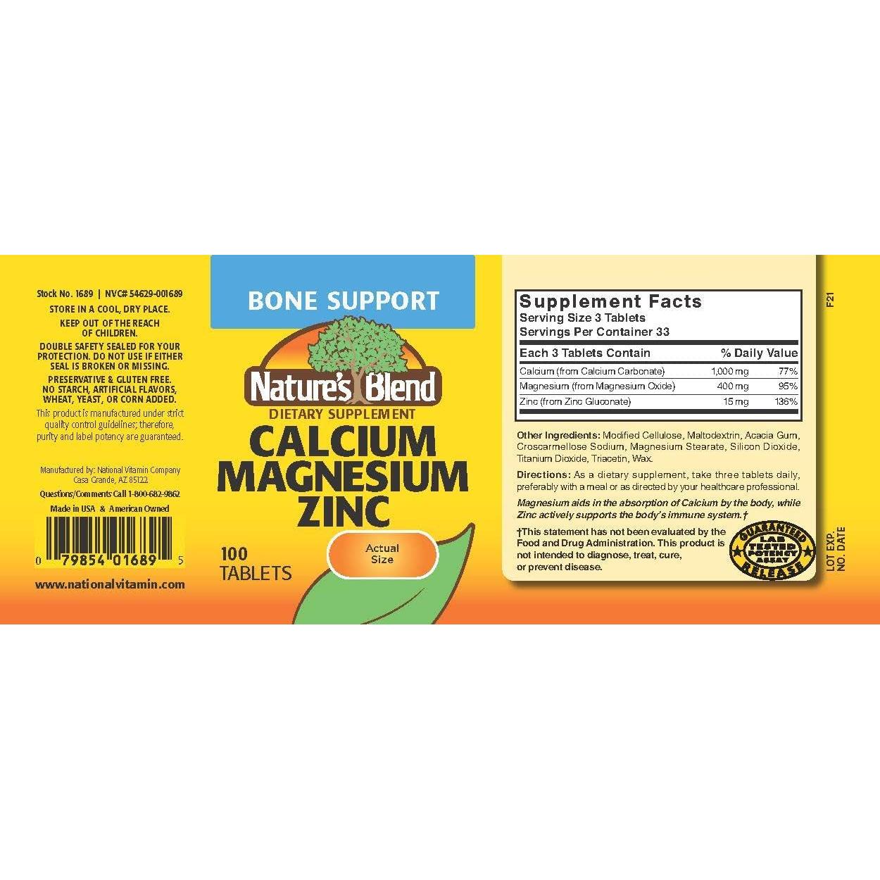 Tabletas de Calcio, Magnesio y Zinc Nature's Blend 100 Unidades