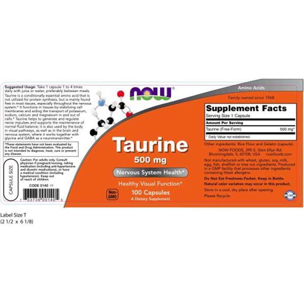 NOW Taurina 500mg 100 Cápsulas x3 - Suplemento Alimenticio