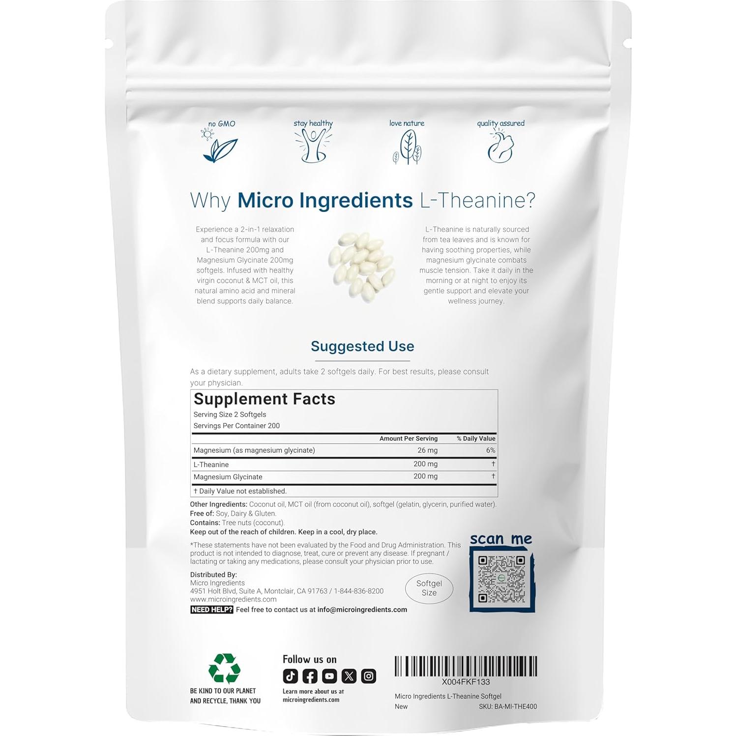 L-Theanina 200mg + Glicinato de Magnesio 400 Gelatinas Micro Ingredients