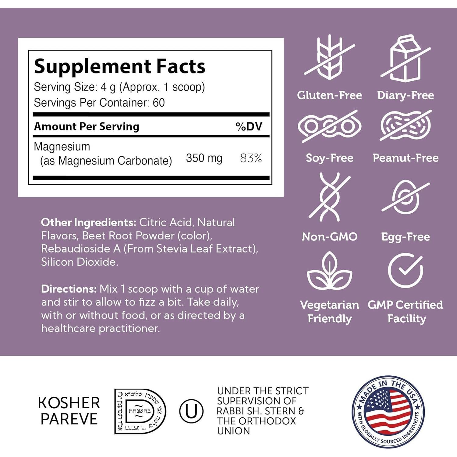 Suplemento de Magnesio en Polvo Zahler 240g Sabor Frambuesa-Limón